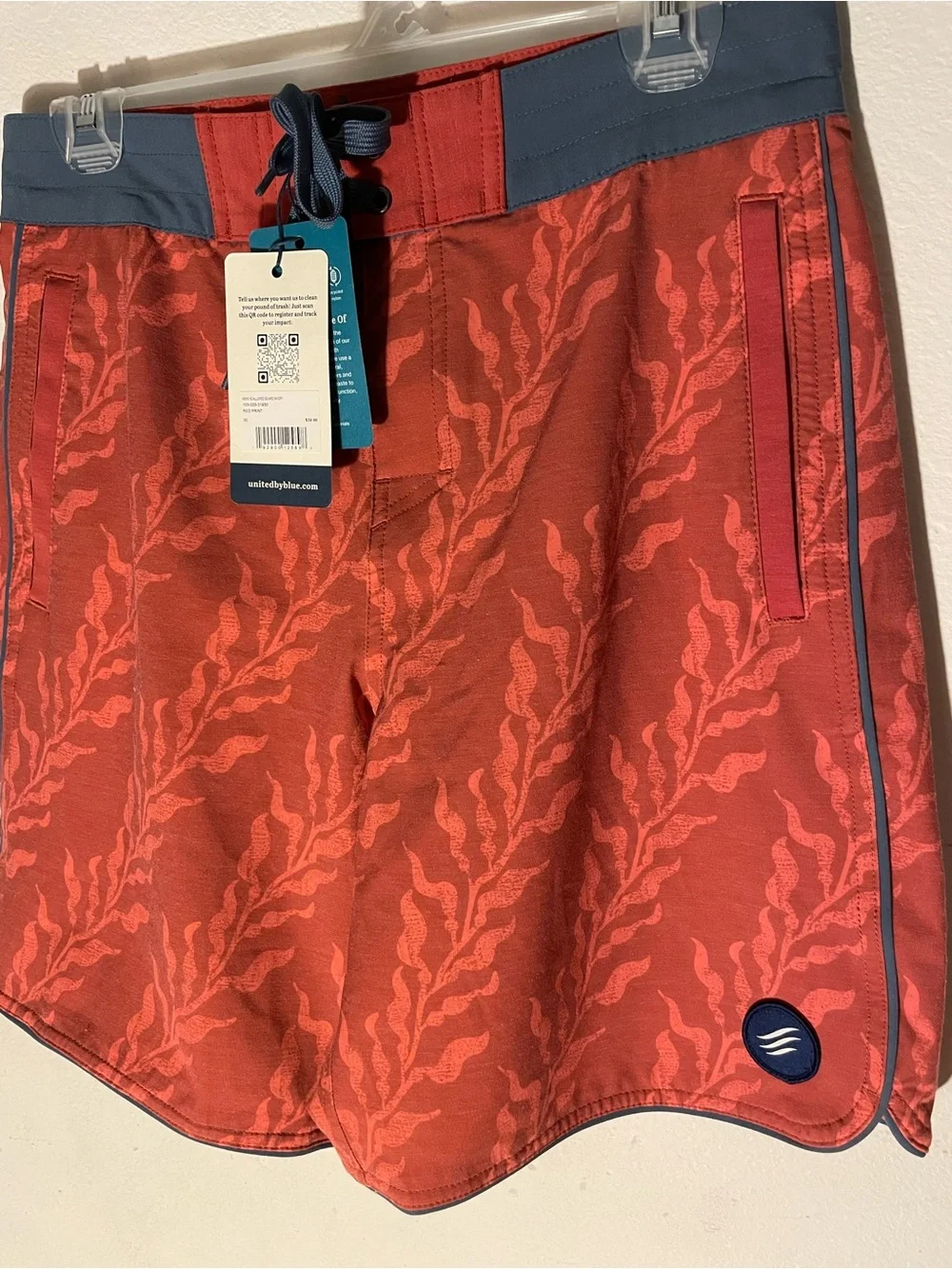 Men's Coral Red Patterned Swim Board Shorts with Navy Waist